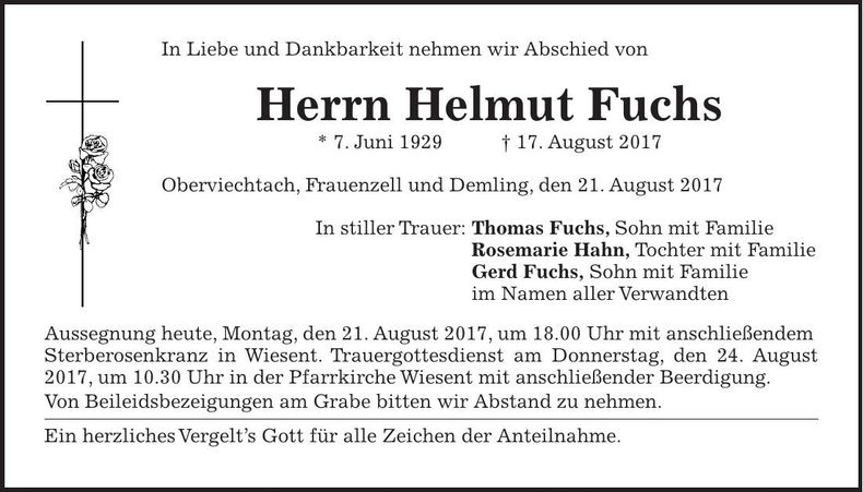 Traueranzeige Helmut Fuchs