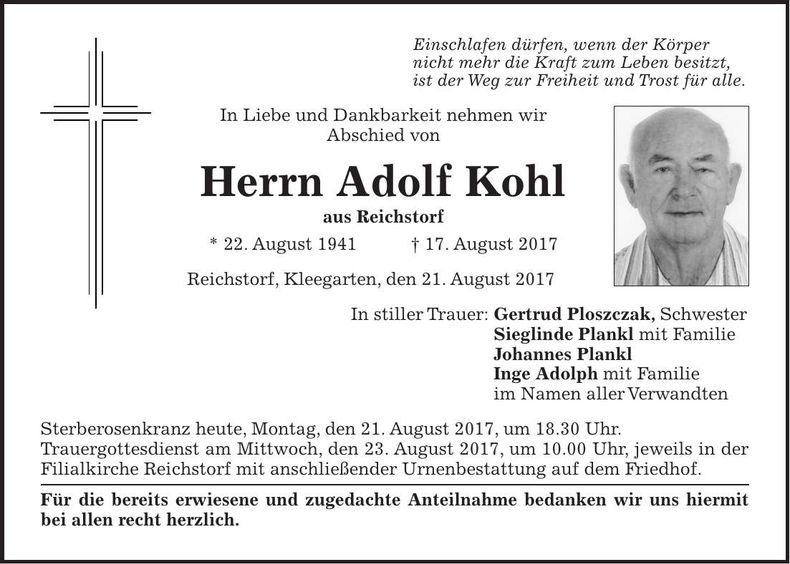 Traueranzeige Adolf Kohl