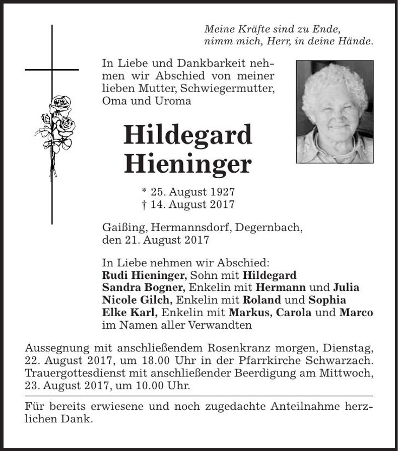 Traueranzeige Hildegard Hieninger