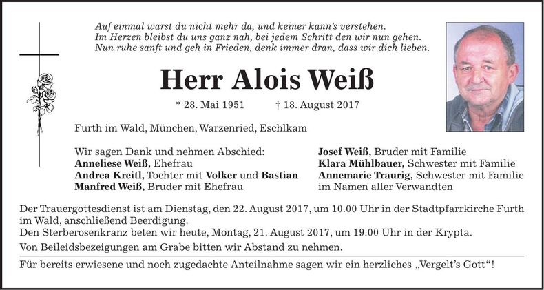 Traueranzeige Alois Weiß