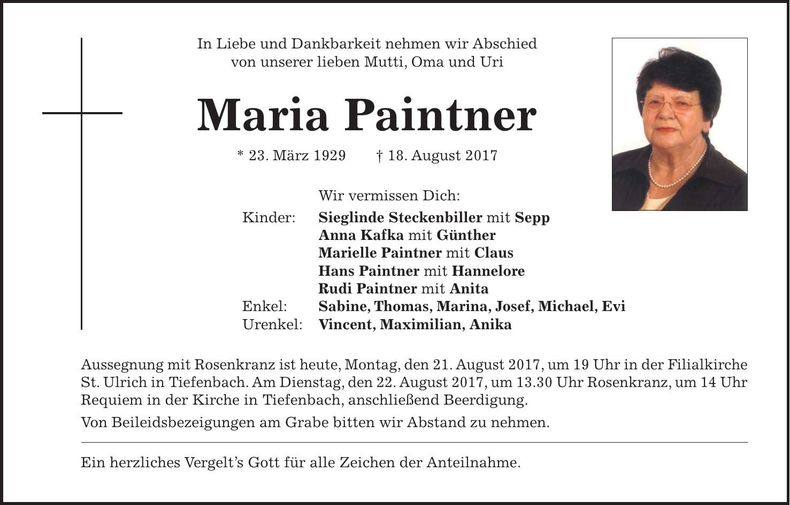 Traueranzeige Maria Paintner