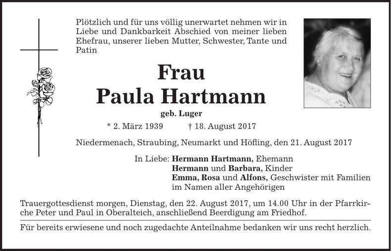 Traueranzeige Paula Hartmann