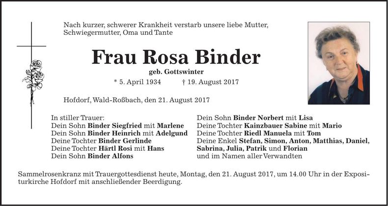 Traueranzeige Rosa Binder