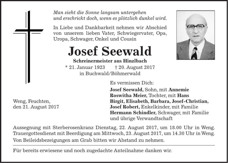 Traueranzeige Josef Seewald