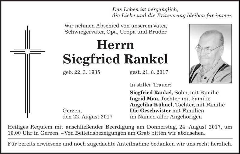 Traueranzeige Siegfried Rankel