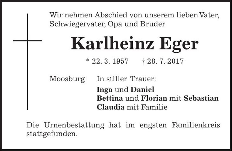 Traueranzeige Karlheinz Eger