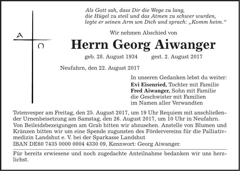 Traueranzeige Georg Aiwanger