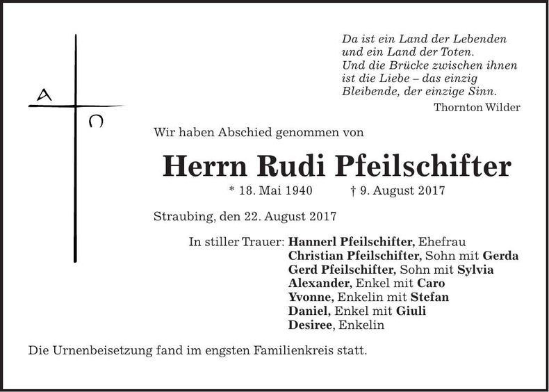 Traueranzeige Rudi Pfeilschifter