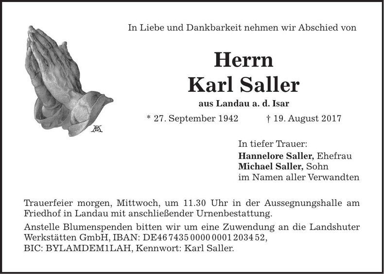 Traueranzeige Karl Saller