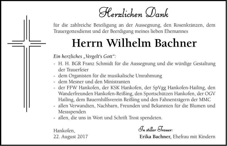 Traueranzeige Wilhelm Bachner