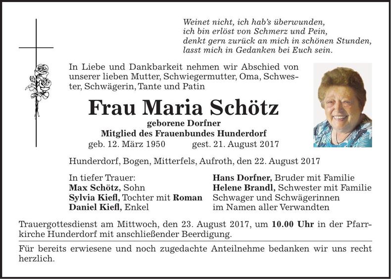 Traueranzeige Maria Schötz
