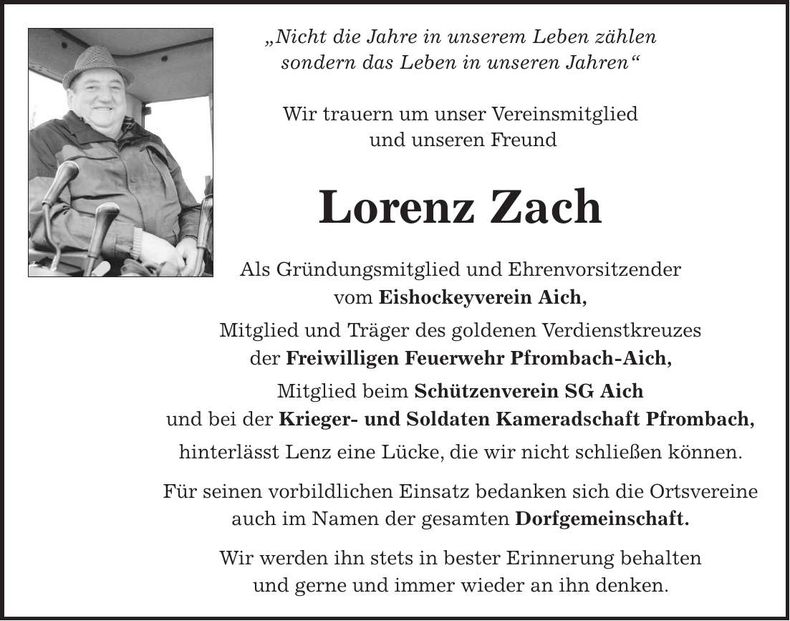 Traueranzeige Lorenz Zach