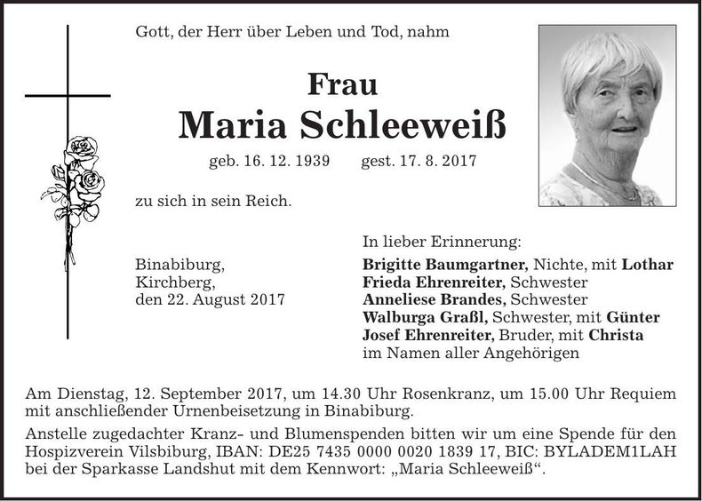 Traueranzeige Maria Schleeweiß
