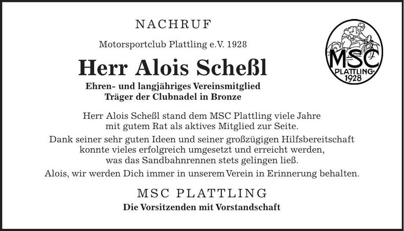 Traueranzeige Alois Schießl