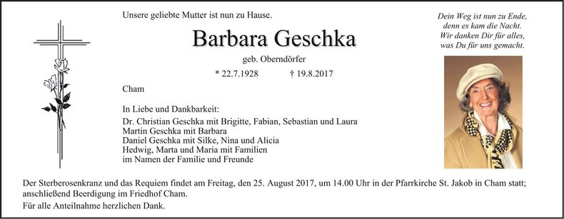 Traueranzeige Barbara Geschka
