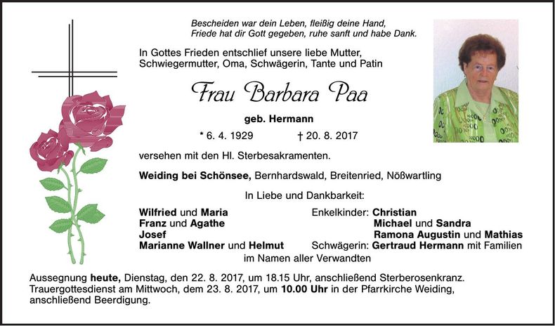 Traueranzeige Barbara Paa