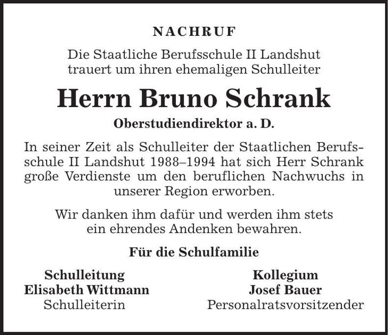 Traueranzeige Bruno Schrank