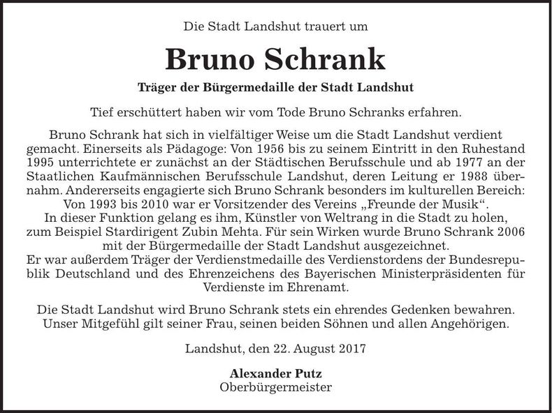 Traueranzeige Bruno Schrank