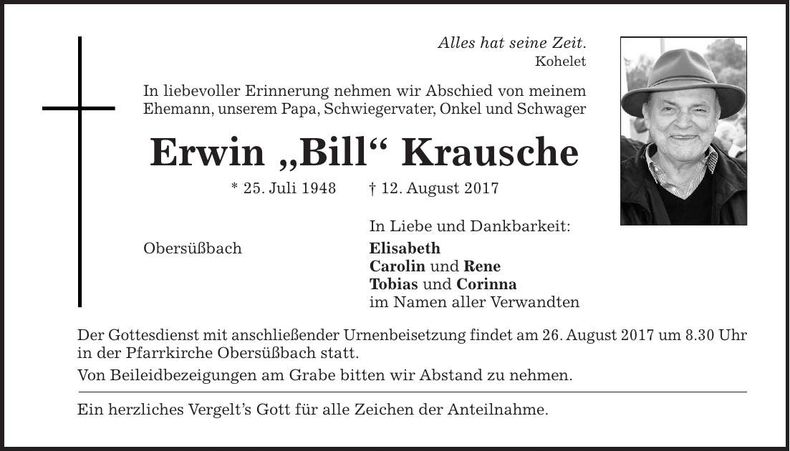 Traueranzeige Erwin Krausche