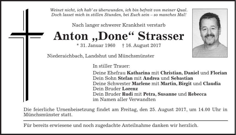Traueranzeige Anton Strasser