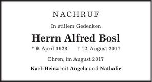 Traueranzeige Alfred Bosl