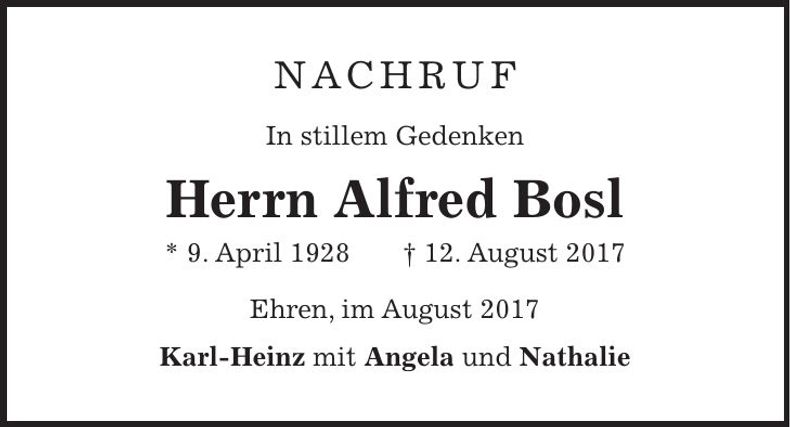 Traueranzeige Alfred Bosl