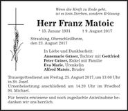 Traueranzeige Franz Matoic