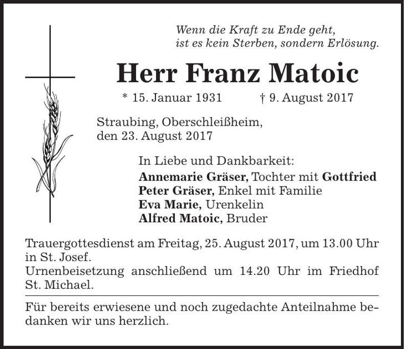 Traueranzeige Franz Matoic