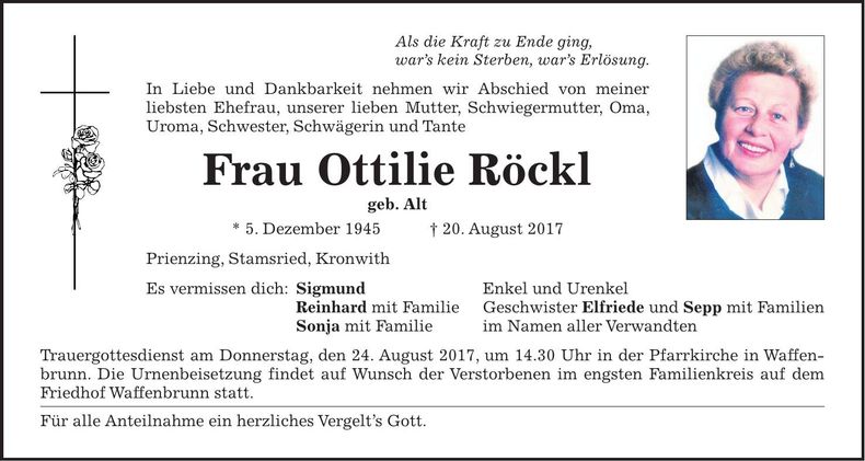 Traueranzeige Ottilie Röckl