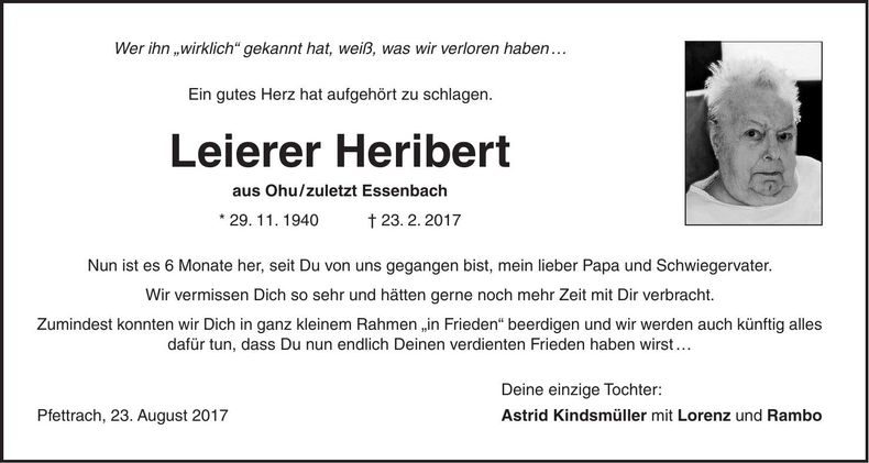 Traueranzeige Heribert Leierer