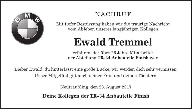 Traueranzeige Ewald Tremmel