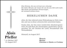 Traueranzeige Alois Pfeffer