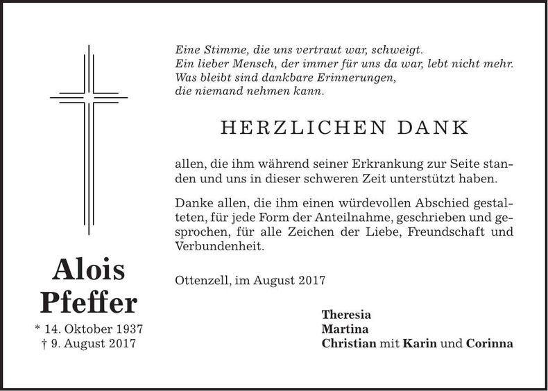 Traueranzeige Alois Pfeffer