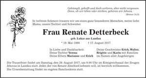 Traueranzeige Renate Detterbeck