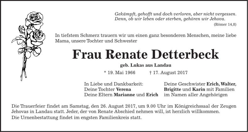 Traueranzeige Renate Detterbeck