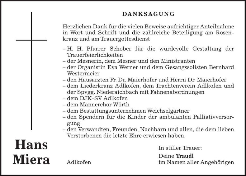 Traueranzeige Hans Miera