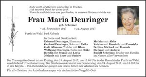Traueranzeige Maria Deuringer