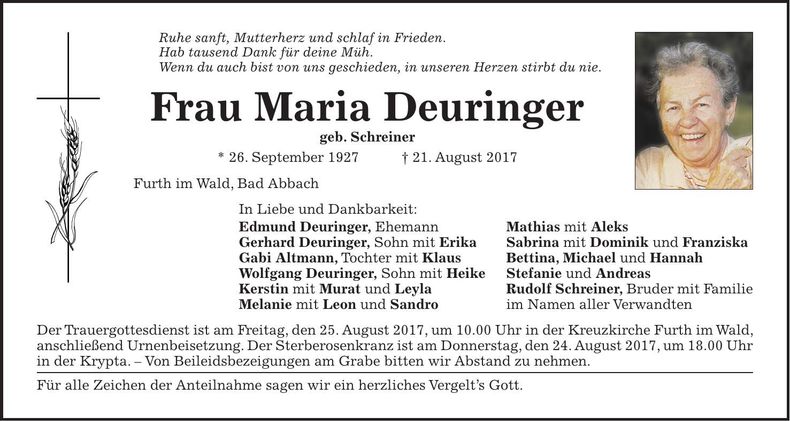 Traueranzeige Maria Deuringer