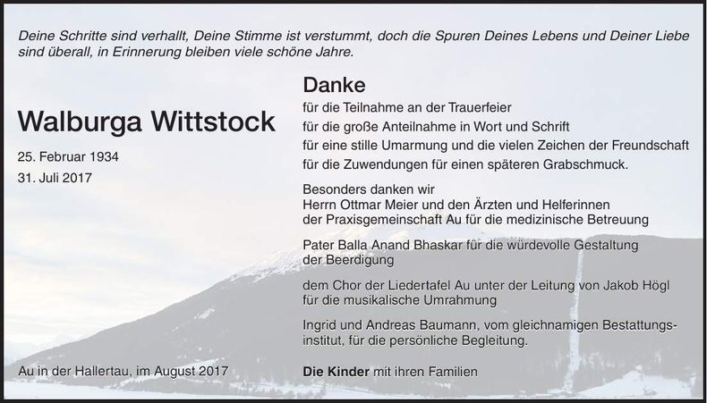 Traueranzeige Walburga Wittstock