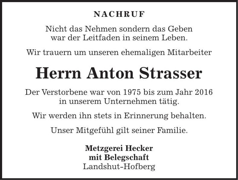 Traueranzeige Anton Strasser