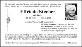 Traueranzeige Elfriede Stecher