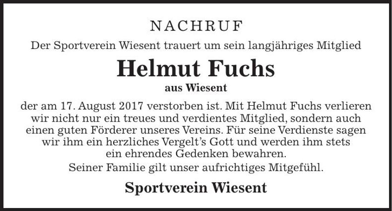 Traueranzeige Helmut Fuchs