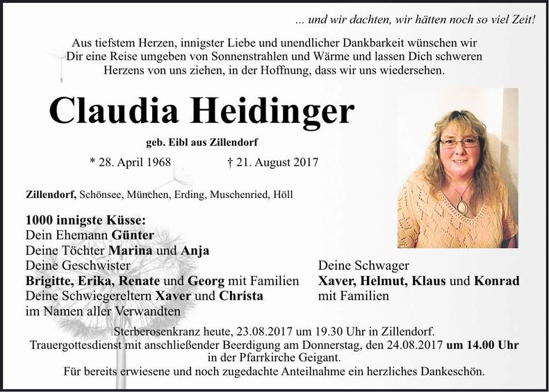 Traueranzeige Claudia Heidinger