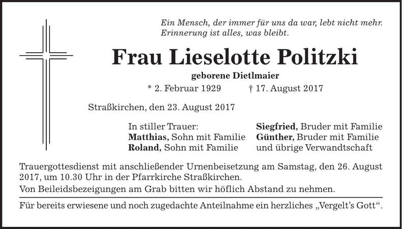 Traueranzeige Lieselotte Politzki