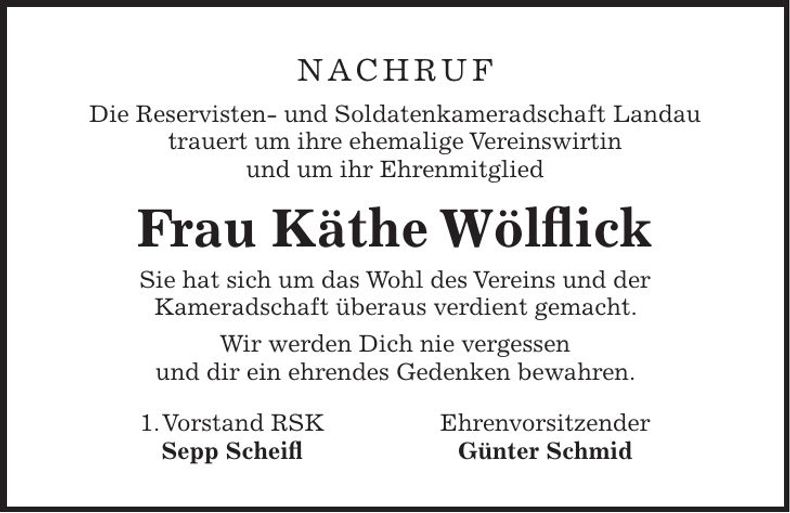 Traueranzeige Käthe Wölflick
