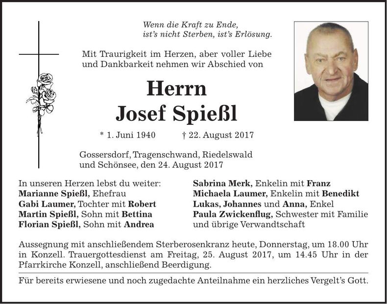 Traueranzeige Josef Spießl