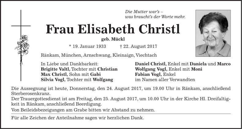 Traueranzeige Elisabeth Christl