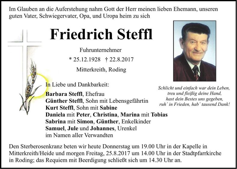 Traueranzeige Friedrich Steffl