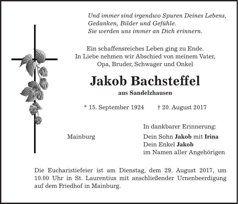 Traueranzeige Jakob Bachsteffel