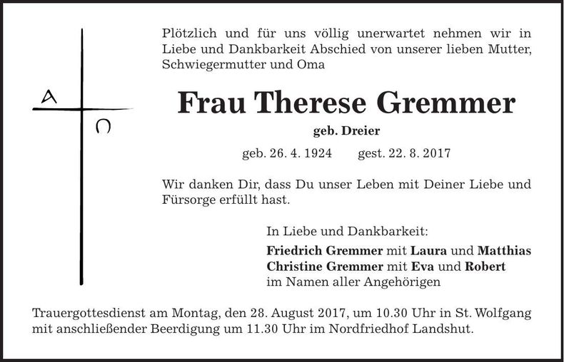 Traueranzeige Therese Gremmer